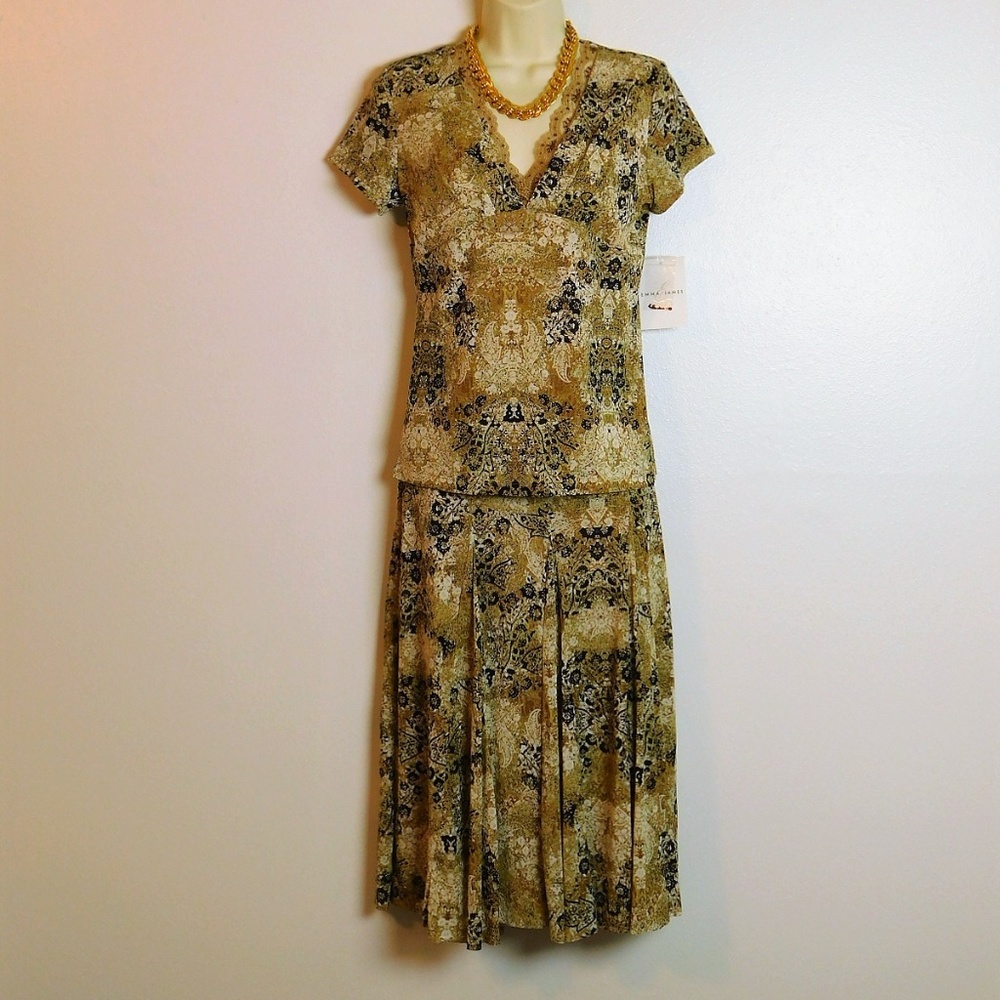 Emma James Boho Babydoll Mesh Blouse & Midi Skirt Outfit Set Size S Lace Stretch